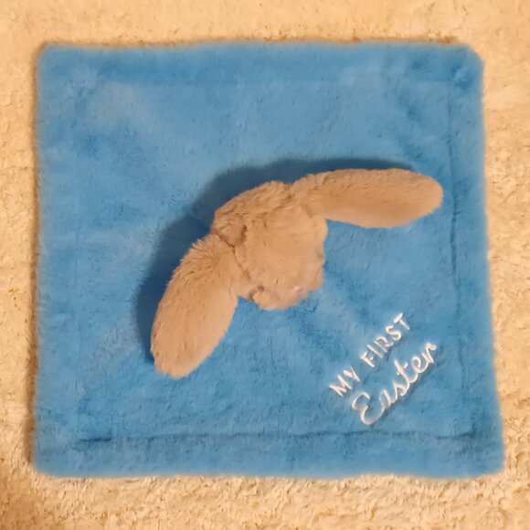 NWOT~ Tan Bunny Rabbit with Blue Embroidered 1st Easter Baby Security Blanket - Picture 7 of 10